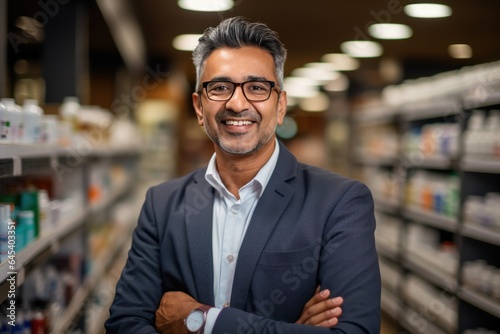 Happy Asian Indian male pharmacist standing in pharmacy