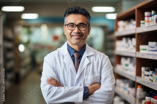 Happy Asian Indian male pharmacist standing in pharmacy © sirisakboakaew
