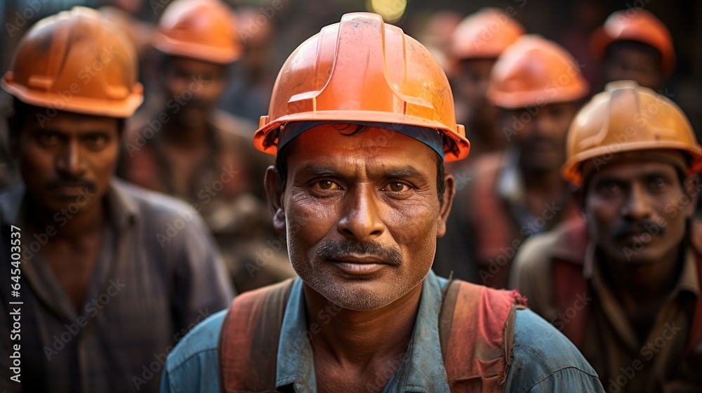 The hard-working Indian construction worker or worker looking at the camera wearing a hard hat