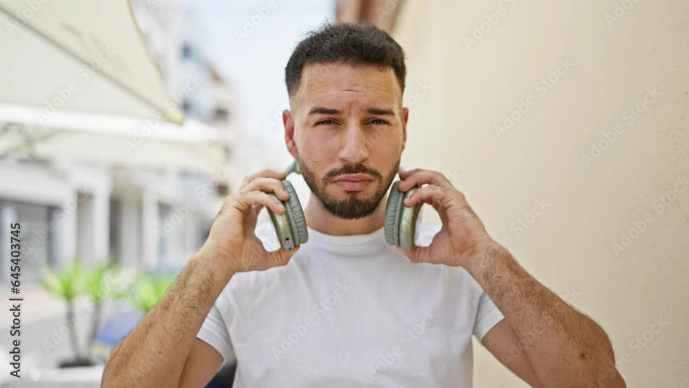 Young arab man taking headphones off with serious face at street Young arab man taking headphones off with serious face at street