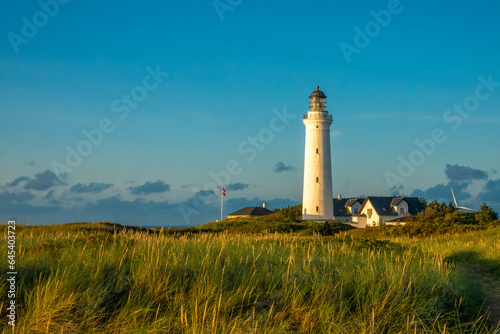 Iconic lighthouse of Hirsthals, Jutland, Denmark. The setting is extraordinary, surrounded by cliffs, dunes, sandy beaches and historical WWII bunkers