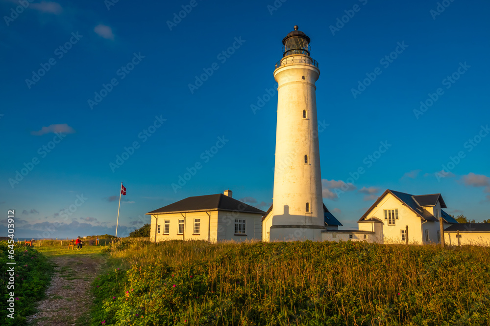 Iconic lighthouse of Hirsthals,  Jutland, Denmark. The setting is extraordinary, surrounded by cliffs, dunes, sandy beaches and historical WWII bunkers
