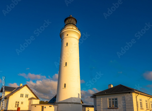Iconic lighthouse of Hirsthals,  Jutland, Denmark. The setting is extraordinary, surrounded by cliffs, dunes, sandy beaches and historical WWII bunkers