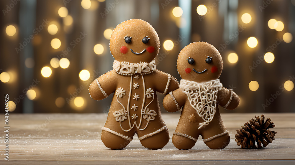 Two gingerbread men on christmas tree background.