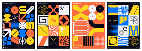 Collection of modern posters featuring abstract and geometric vector shapes, influenced by brutalism.