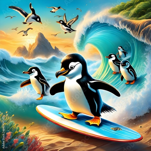 Penguins surfing at sunset.