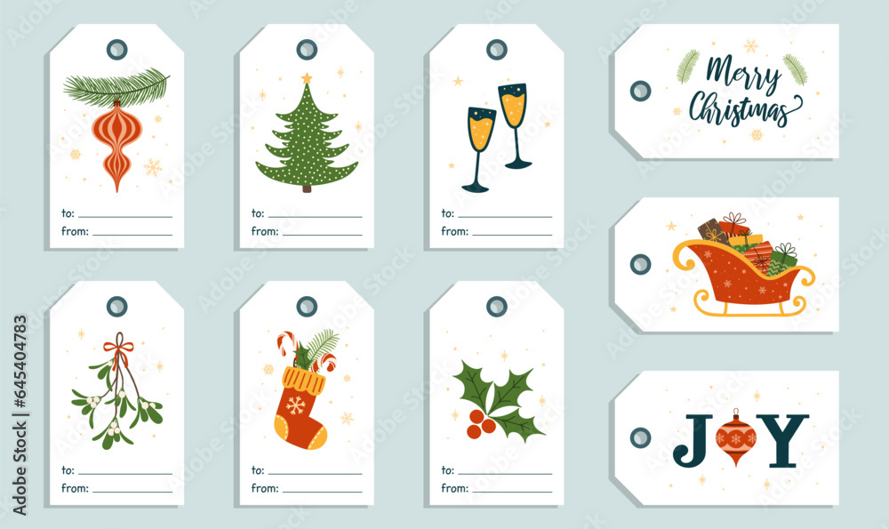 Set of Christmas gift tags. Labels with winter holidays illustration.	