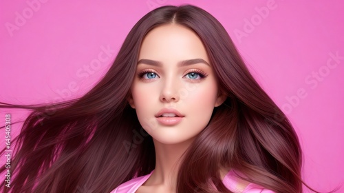 portrait of a female model with glamorous eyes and long silky hair on a pink background 