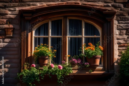 a classic wooden window frame, complete with mullions, and a flower box positioned in front of it - AI Generative