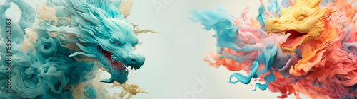 Dragons in dynamic movements. around the dragon orange and blue ink. photo