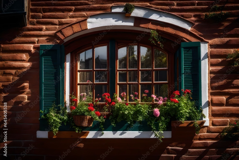 a classic wooden window frame, complete with mullions, and a flower box positioned in front of it - AI Generative