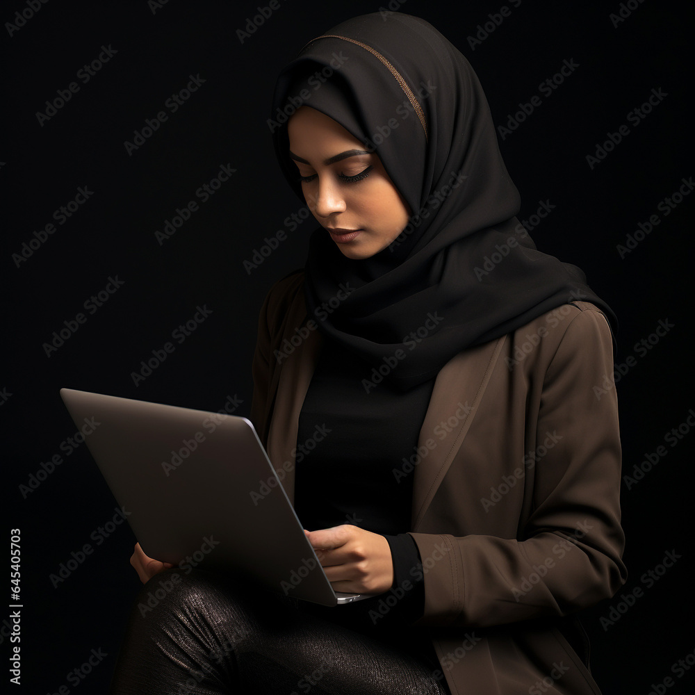 Photo of a beautiful Asian Muslim woman in casual wear working on a laptop in the modern new normal of clean.