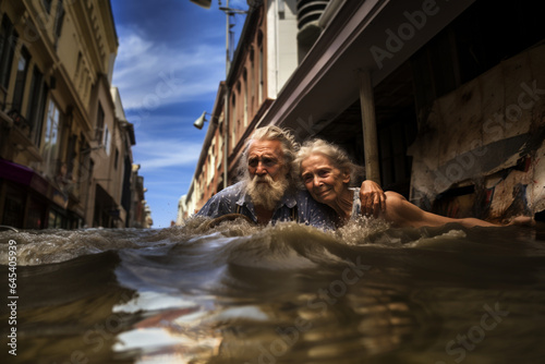 Desperate hugged elderly couple waiting for help in deep water after catastrophic flood caused by climate driven storms. 