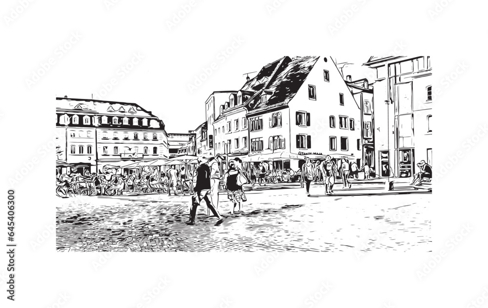 Obraz premium Building view with landmark of Saarbruck is the city in Germany. Hand drawn sketch illustration in vector.