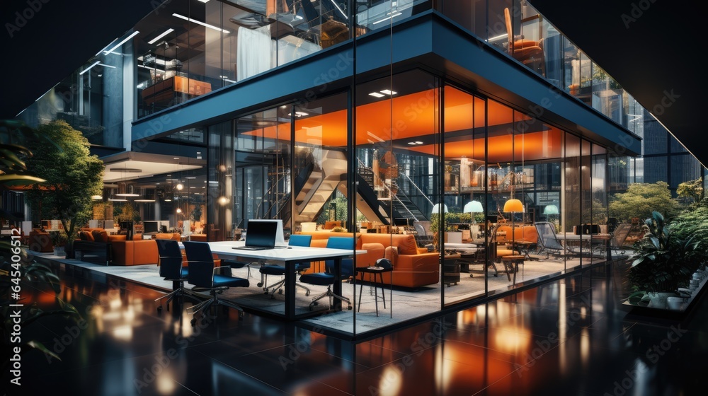 Fototapeta premium Blurred interior of a modern office workplace coworking space design with ornate partitions