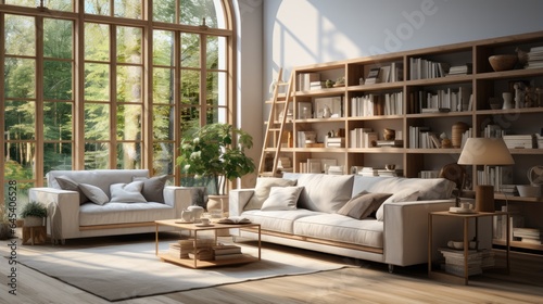 Bright living room interior with large sofa and bookshelves