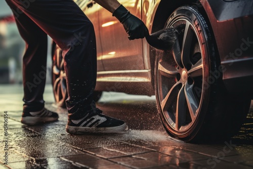 A man in a car wash washes a car.