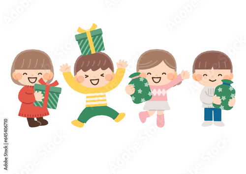 クリスマスのプレゼントを貰って喜ぶ子供達のイラスト素材セット