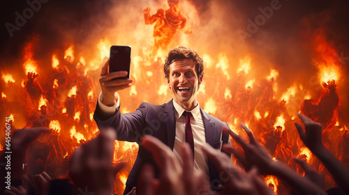 Lawyer or business man burning in hell but still has time to take a selfie