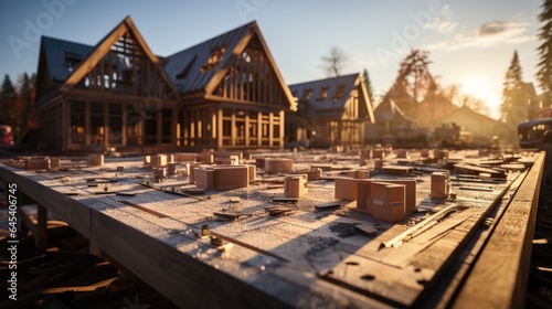 Builders are building a wooden house in the afternoon no face back view