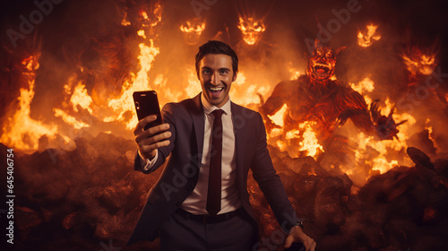 Lawyer  taking selfie shot while in hell after he sold his soul to the devil photo