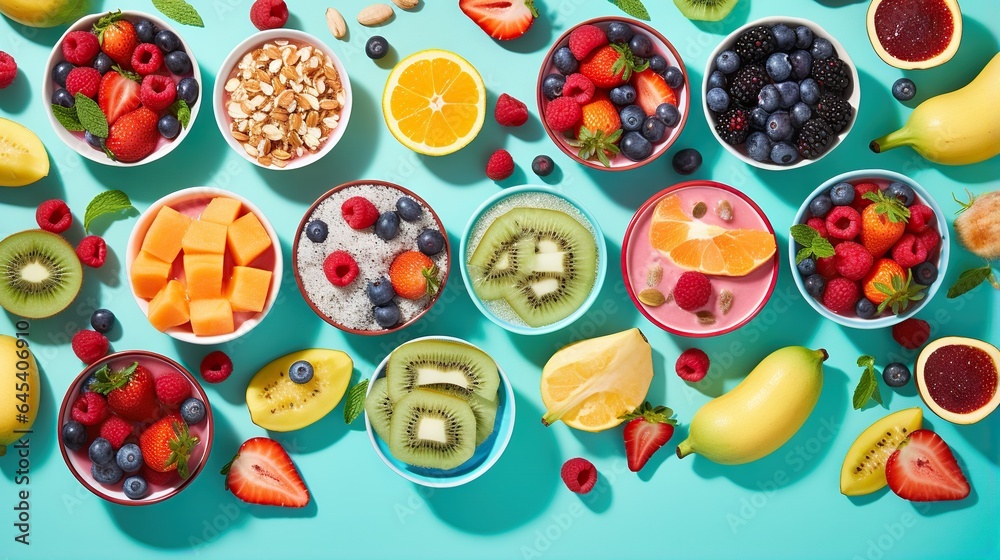 a table topped with bowls of fruit and a bowl of cereal. generative ai a table topped with bowls of fruit and a bowl of cereal. generative ai