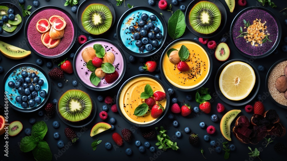 a table topped with plates filled with fruit and veggies. generative ai a table topped with plates filled with fruit and veggies. generative ai