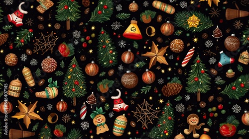  a christmas tree with ornaments and other decorations on a black background.  generative ai