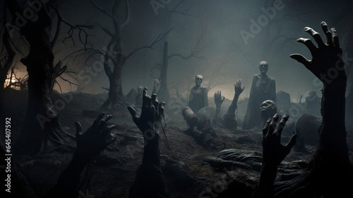 Undead hands coming out of the ground, Horror Halloween Night Cemetery. Dead zombies, crypt, graveyard, graves, skeletons, spooky, Generative AI