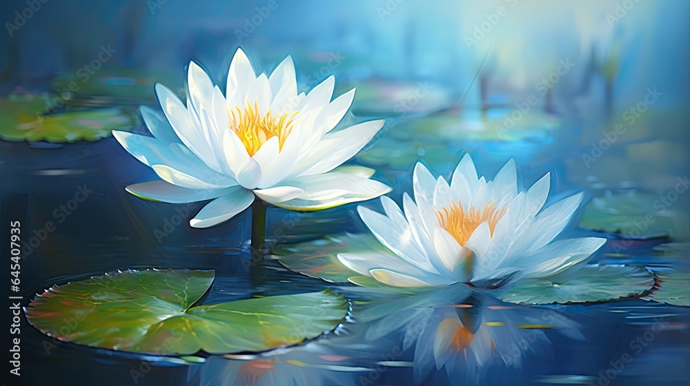  two white water lilies floating on top of a pond.  generative ai