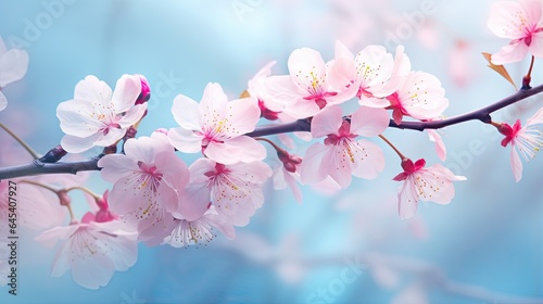  a branch with pink flowers on it against a blue background.  generative ai © Shanti