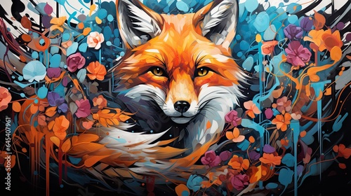  a painting of a red fox surrounded by flowers and leaves. generative ai