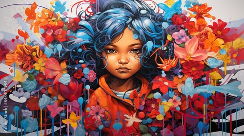  a painting of a young girl with blue hair and flowers. generative ai