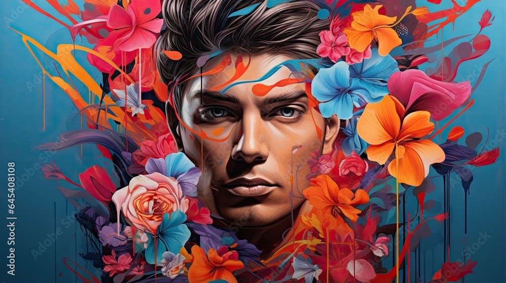  a painting of a man with flowers around his neck and face.  generative ai