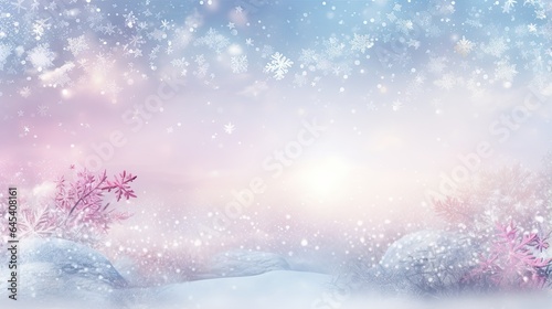  a snow covered landscape with pink flowers and snow flakes.  generative ai © Shanti