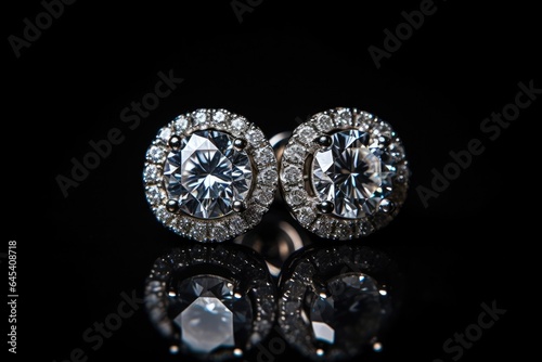 Jewelry diamond earrings on a black background. Studio shot. Generative AI