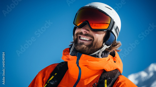 Portrait of a person wearing helmet and goggles, winter sport concept. Generative AI