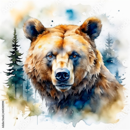 Grizzly bear head watercolor illustration on white background, generative ai © violet5885