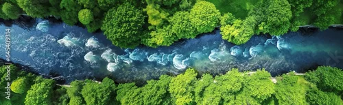 Panel kuchenny z motywem A rocky river in the middle of a forest. Aerial view of river reflecting sky, amid lush green landscape, aerial view. Top view of a mountain river in the forest. wide panoramic view