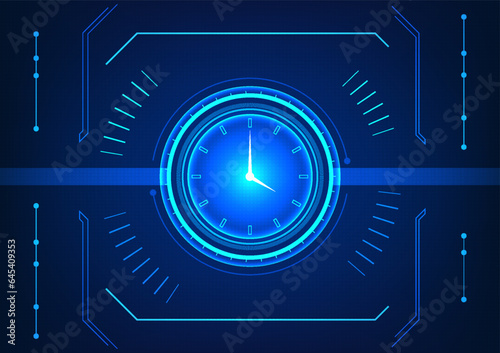 Time technology The clock is in the center surrounded by circles and elements. The concept of time allocation within the organization to achieve goals in the time that customers want.