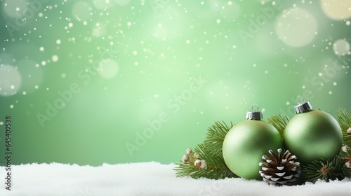  three green christmas ornaments sitting on top of a snow covered ground.  generative ai