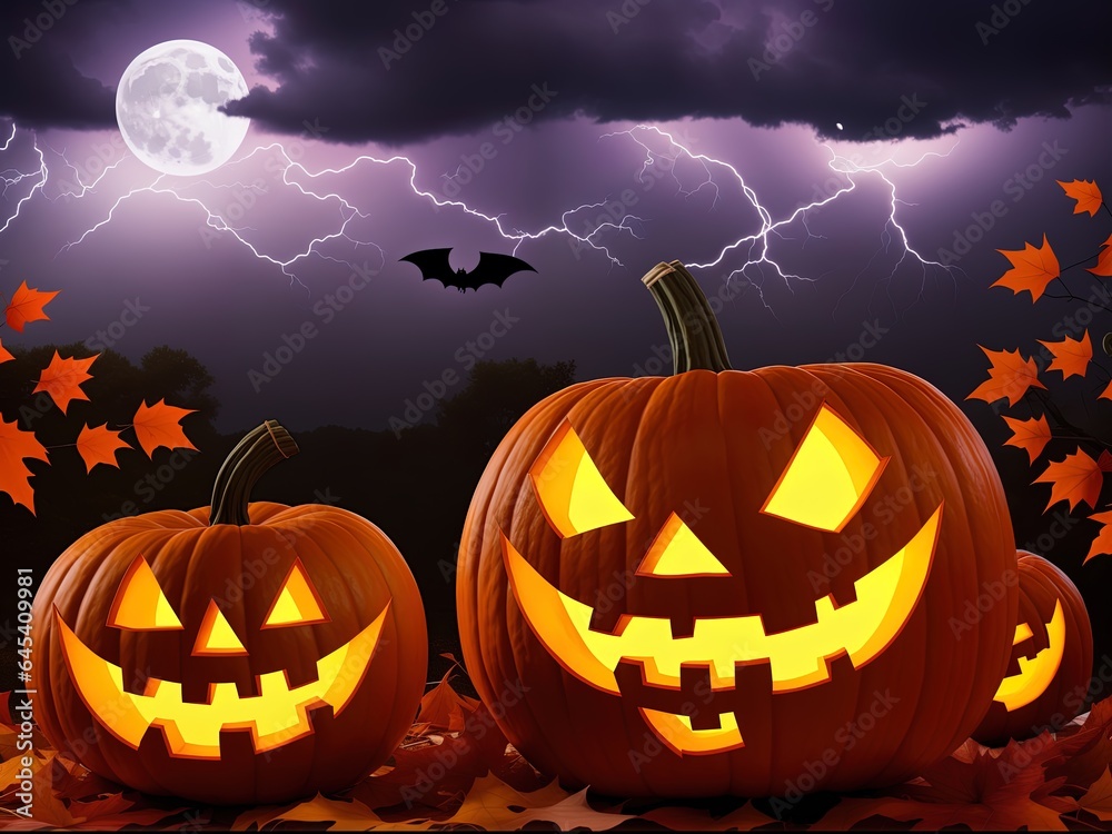 Halloween background with pumpkins and bat in a stormy night. Halloween background with pumpkins and bat in a stormy night.
