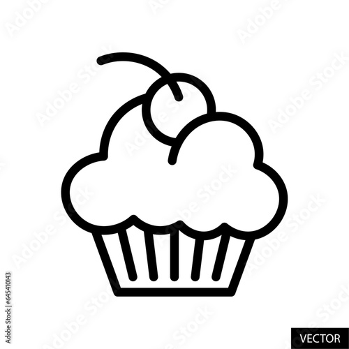 Cupcake with cherry, fairy cake vector icon in line style design for website, app, UI, isolated on white background. Editable stroke. Vector illustration.