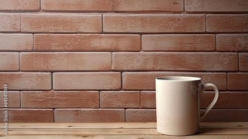  a white cup sitting on top of a wooden table next to a brick wall. generative ai