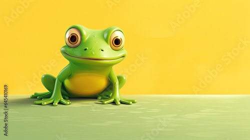  a green frog sitting on top of a green floor next to a yellow wall.  generative ai © Shanti
