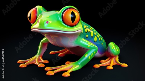  a green frog with orange eyes sitting on a black background. generative ai