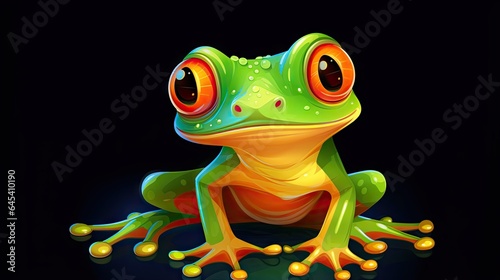  a green frog with big red eyes sitting on a black background.  generative ai