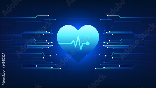 Medical technology The heart is connected to the technology circuit board. Modern technology innovation that measures the patient's heartbeat for diagnosis and treatment.