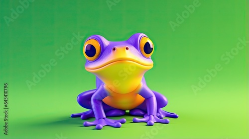  a purple and yellow frog sitting on a green surface with a green background. generative ai