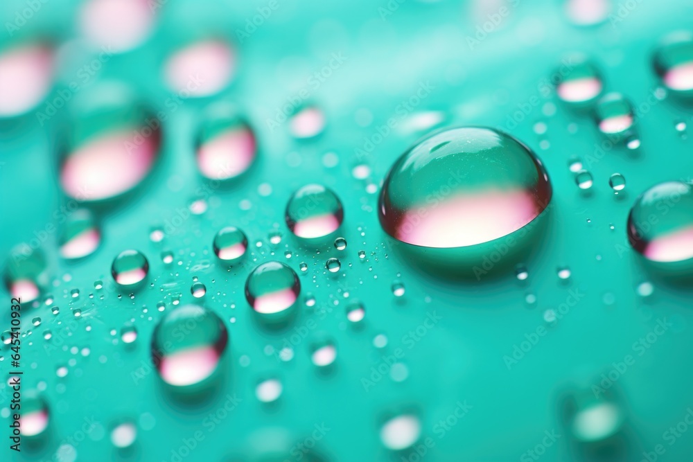 Minimal teal green background with water drops and tiny bubbles on a glass surface, macro closeup texture detail - generative AI